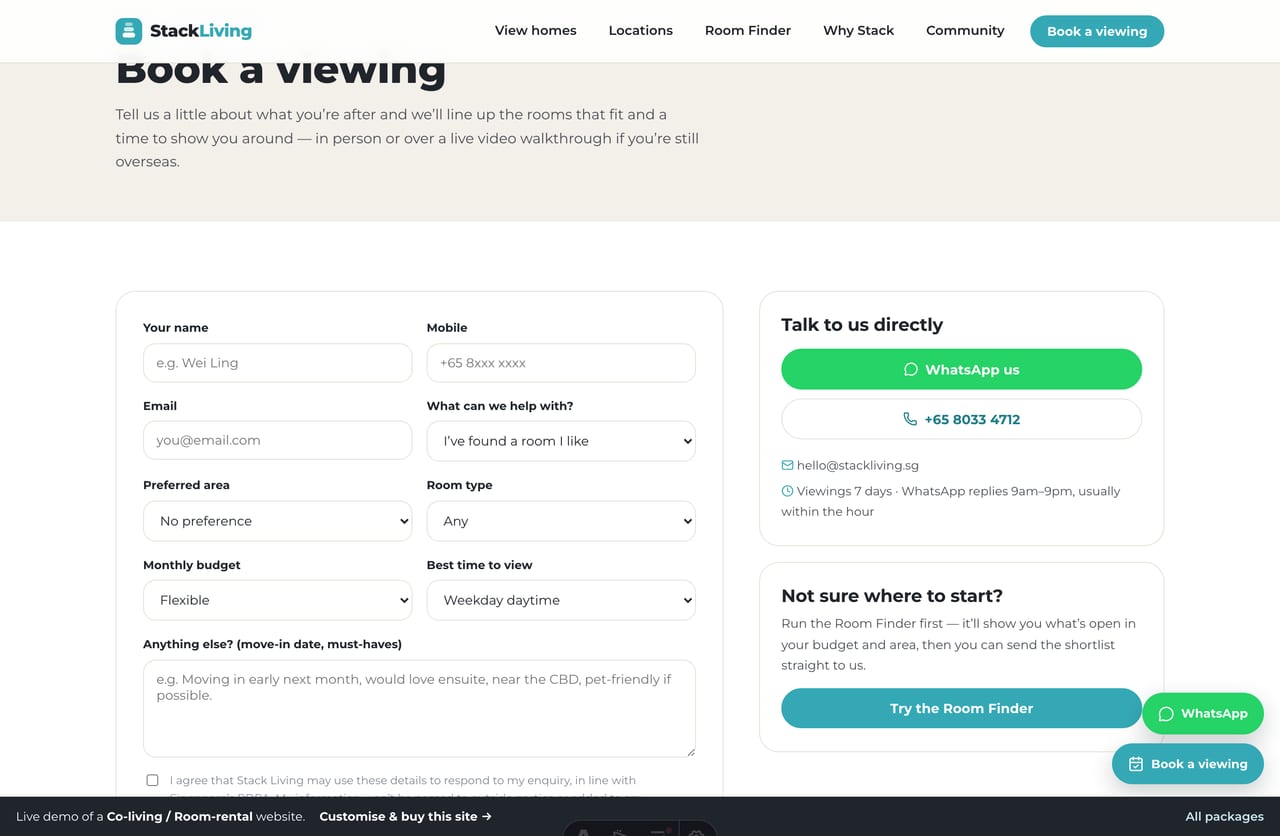 Book-a-viewing and contact form page on a Singapore co-living website