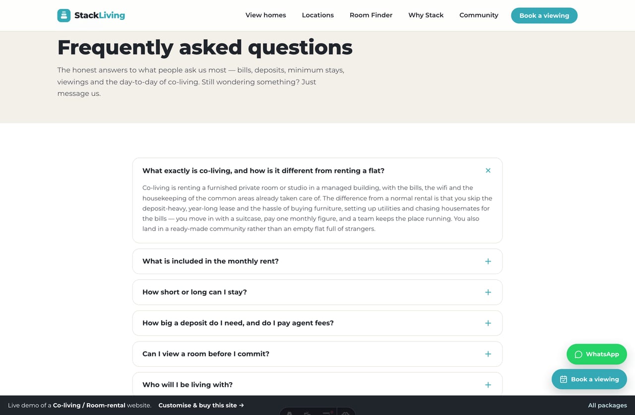 Co-living FAQ accordion on a Singapore room-rental website