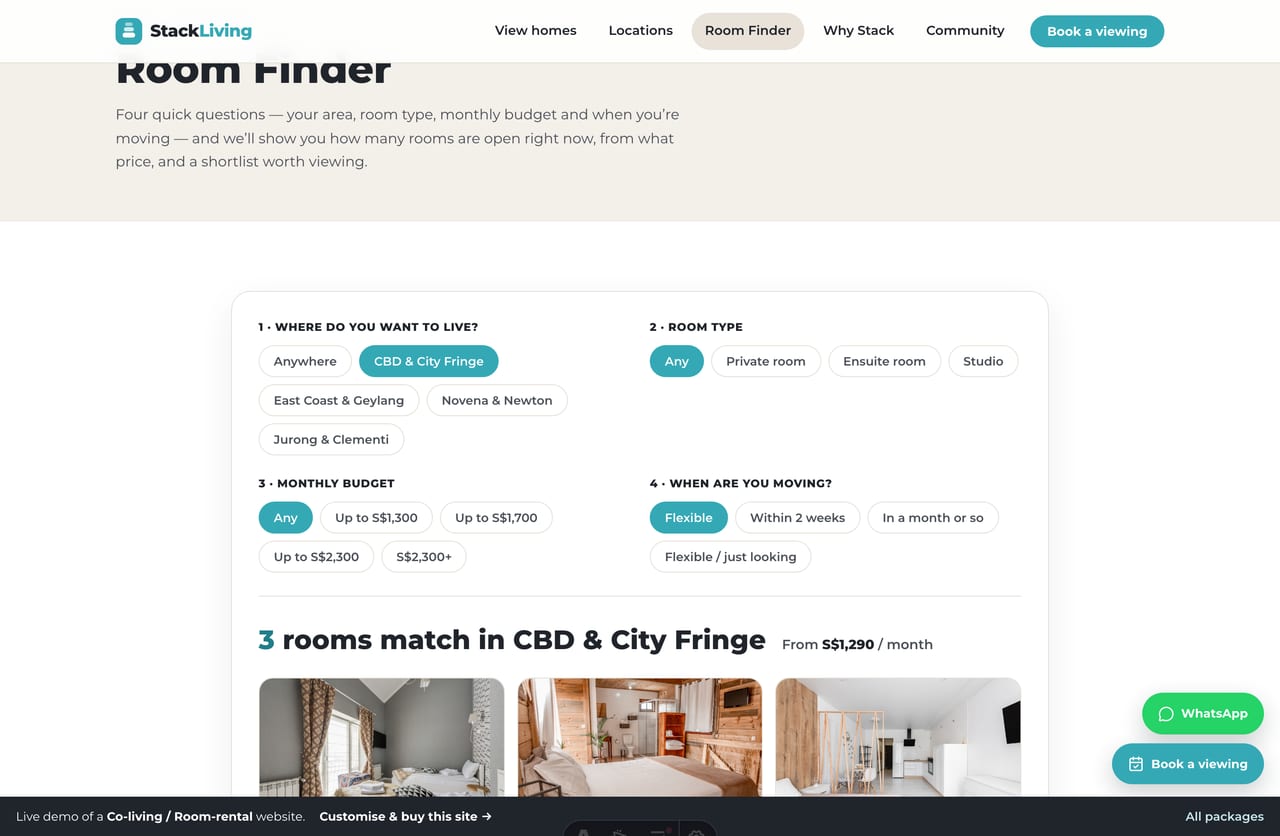 Room Finder live result showing matched co-living rooms and a from-price per month