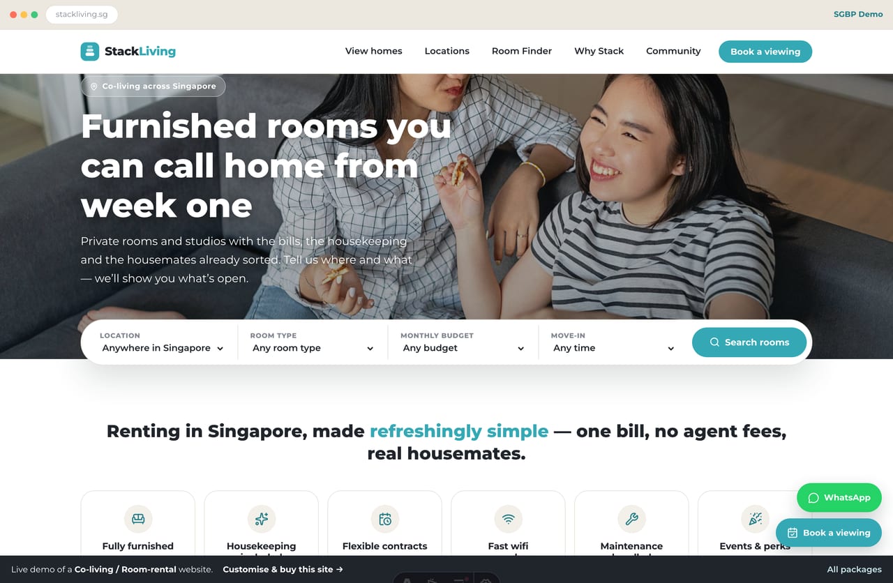 Stack Living co-living website homepage demo — hero room-search bar, feature row and room cards (Singapore)