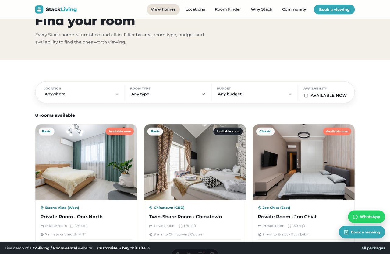 Filterable room listings grid on a Singapore co-living website