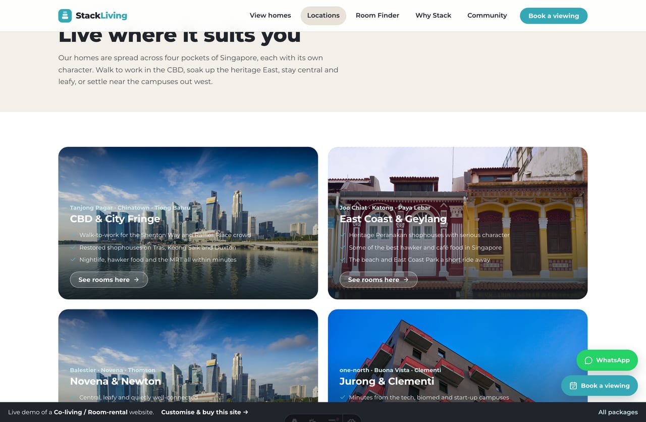 Locations / neighbourhood page on a Singapore co-living website