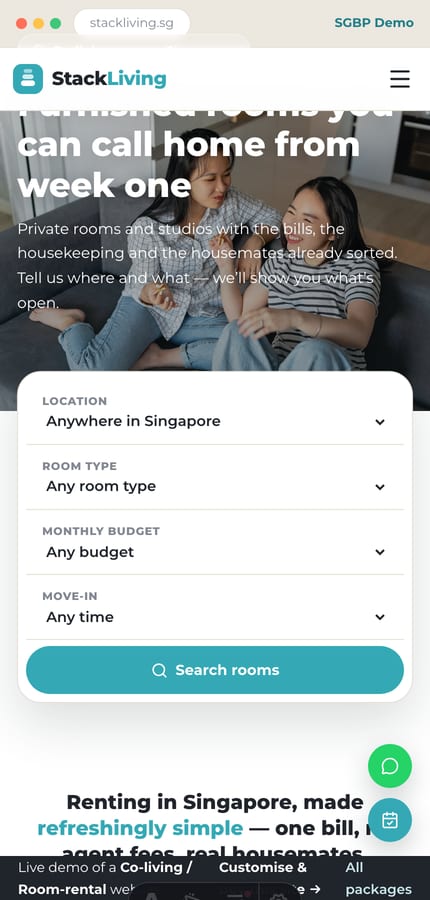 Mobile view of the Stack Living co-living website with the room-search bar