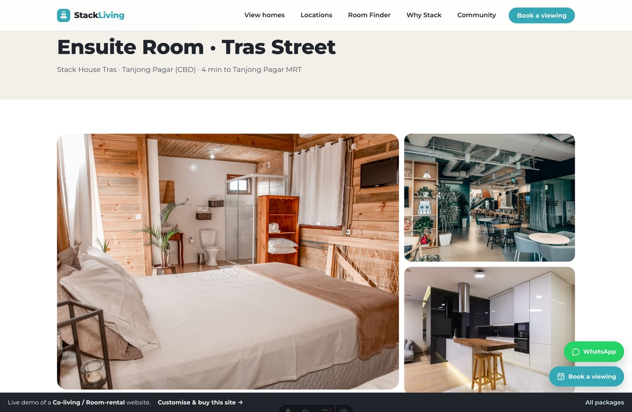 Single room detail page with gallery, amenities and a book-a-viewing panel on a co-living site