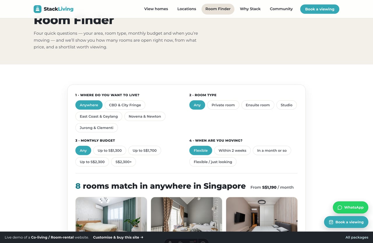 Room Finder tool on a Singapore co-living website — filter by area, budget, room type and move-in
