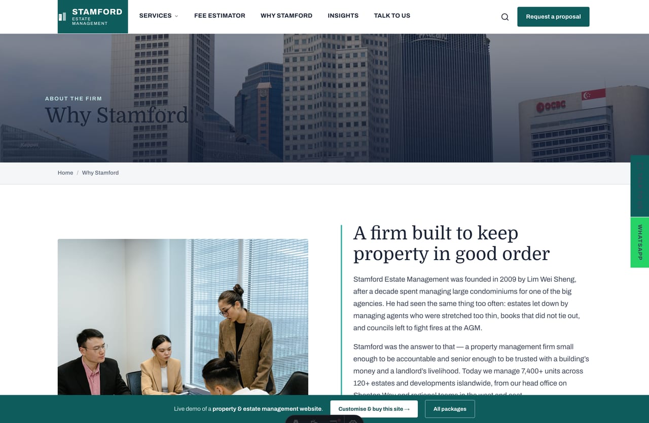About / Why Stamford page on a Singapore property management website