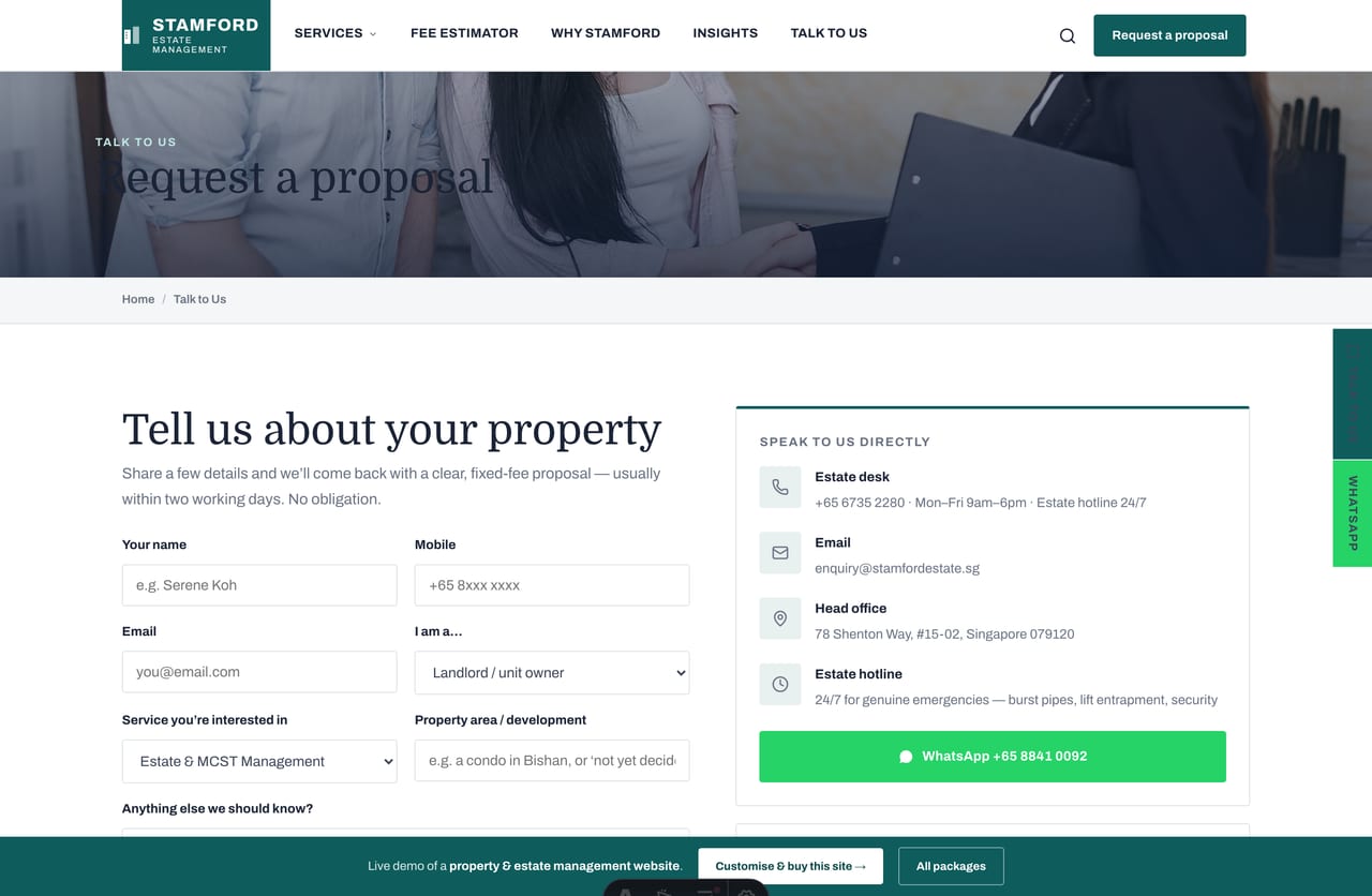 Request-a-proposal contact page on a Singapore property management website
