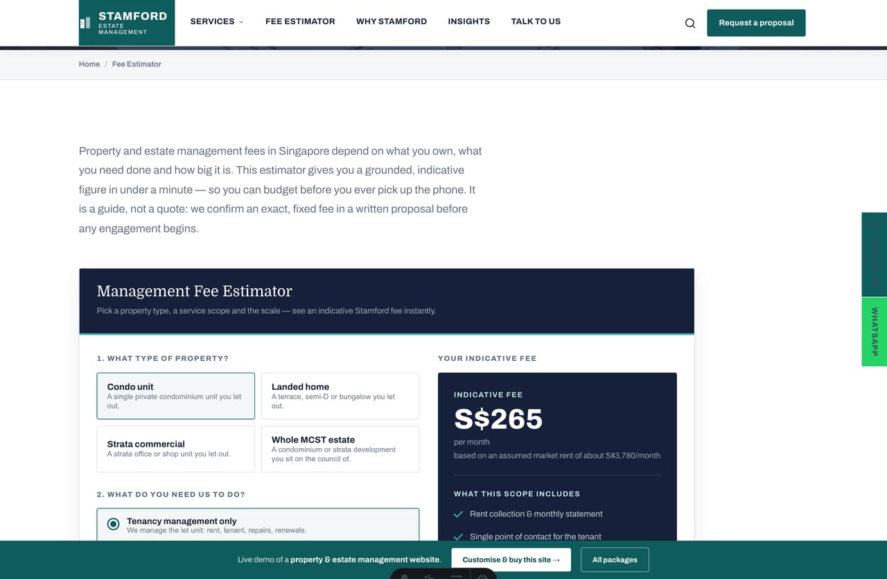 Management Fee Estimator tool on a Singapore property management website