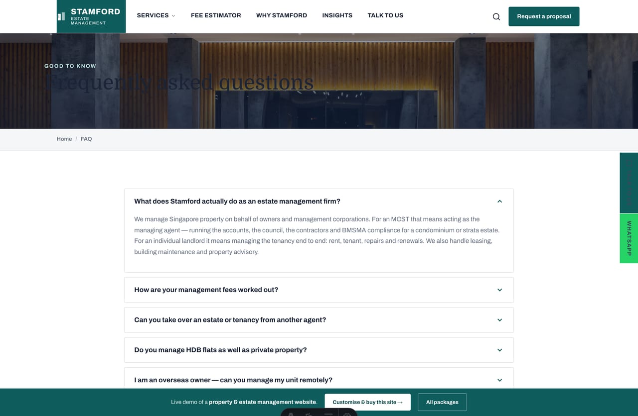 FAQ accordion on a Singapore property management website