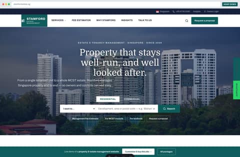 Property management website homepage demo — search-led hero over a Singapore residential skyline