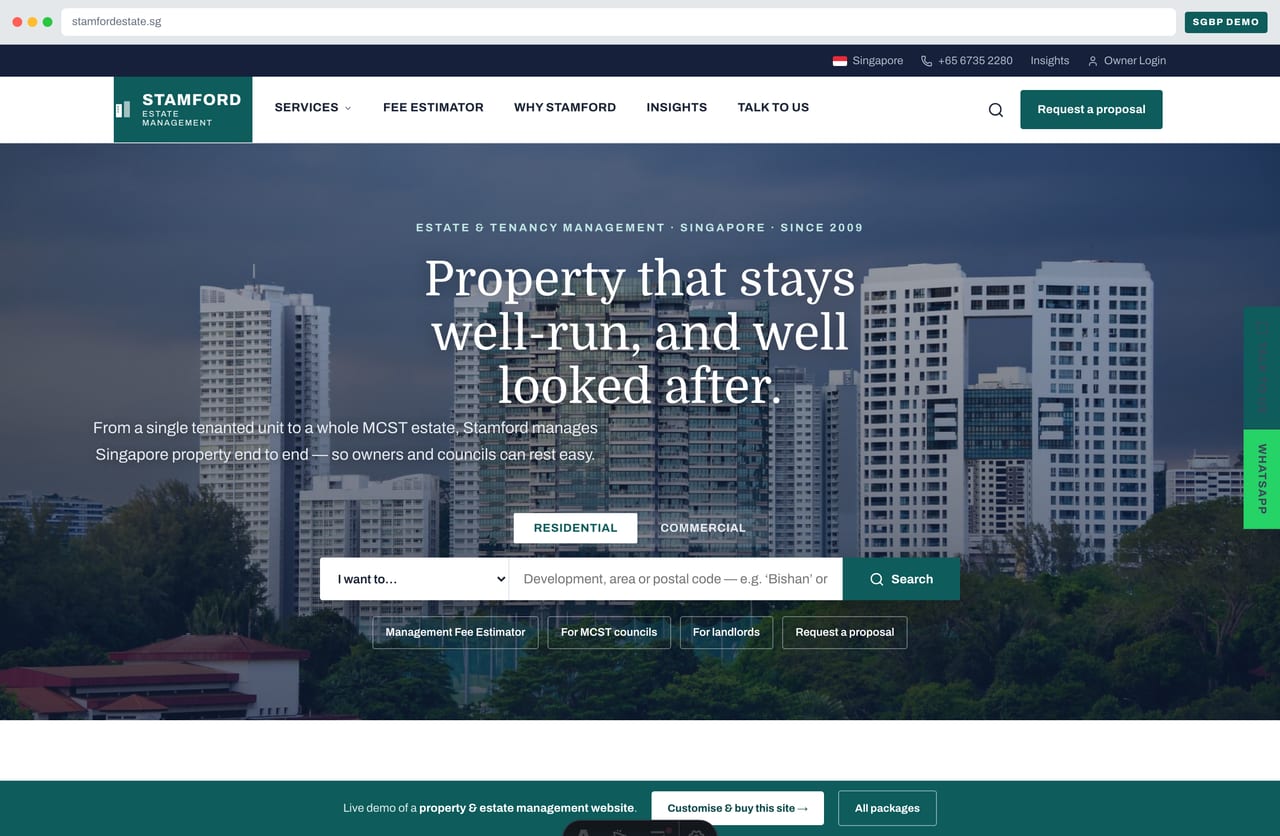 Property management website homepage demo — search-led hero over a Singapore residential skyline