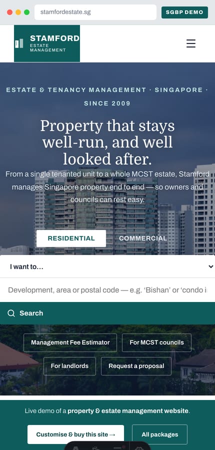 Mobile view of the Stamford Estate Management property website