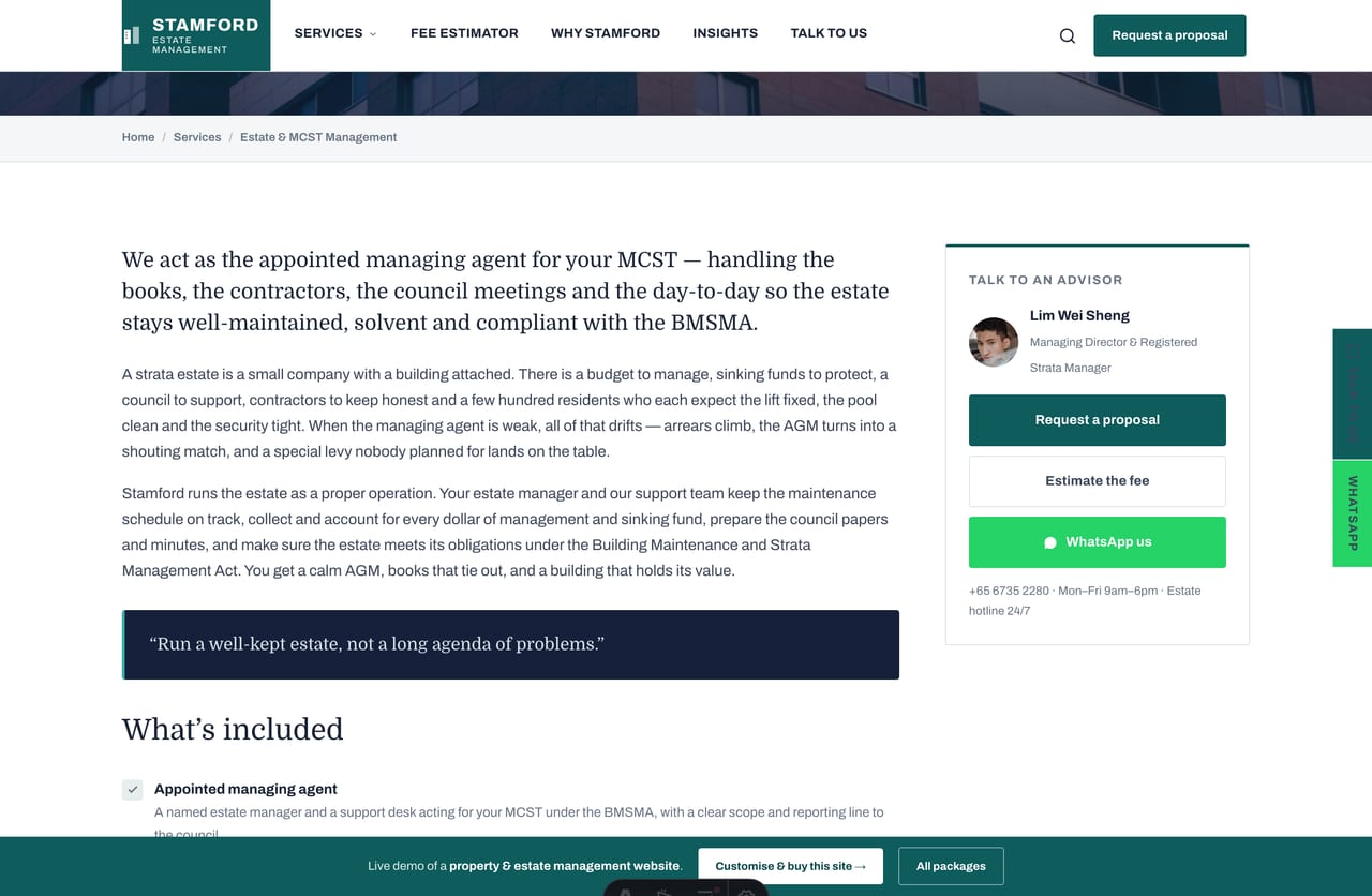 Estate & MCST management service detail page with a sticky advisor card