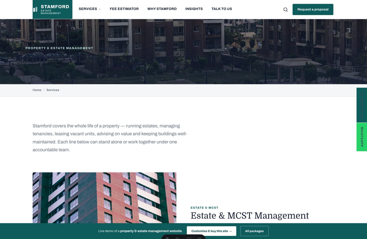 Services listing page for a Singapore estate management firm with alternating rows