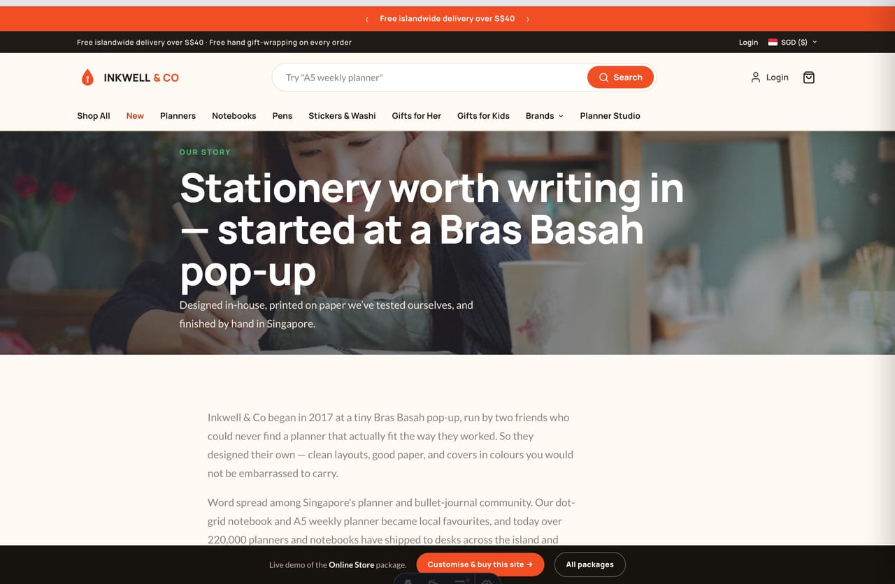 About and brand-story page for a Singapore stationery brand started at a Bras Basah pop-up