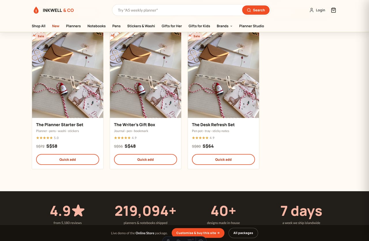 Bestseller planners and notebooks carousel on the Inkwell & Co stationery store