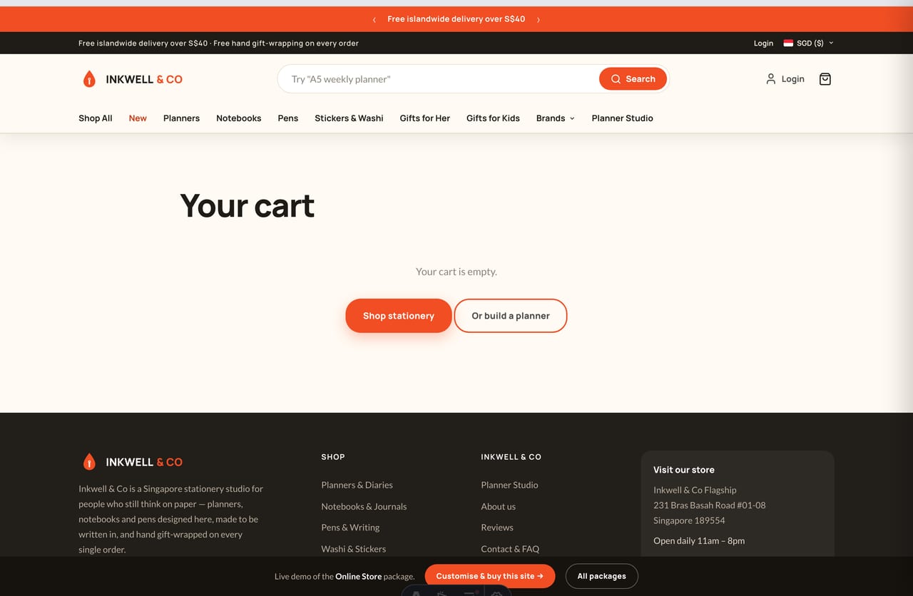 Slide-out cart drawer with a free-islandwide-delivery progress bar on the Singapore stationery store