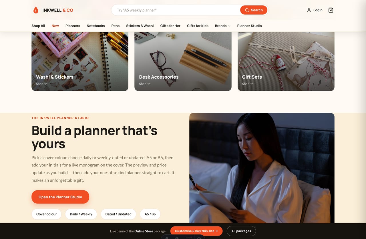 Shop-by-category tiles for a Singapore stationery store — planners, notebooks, pens, washi & stickers, desk and gifts