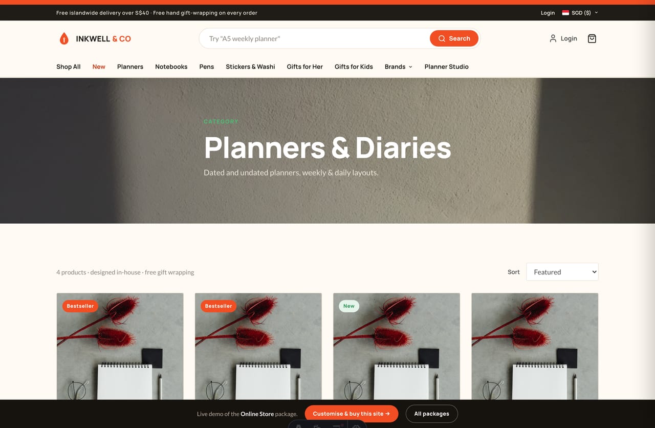 Planners & diaries collection page with sorting on the Singapore stationery store demo