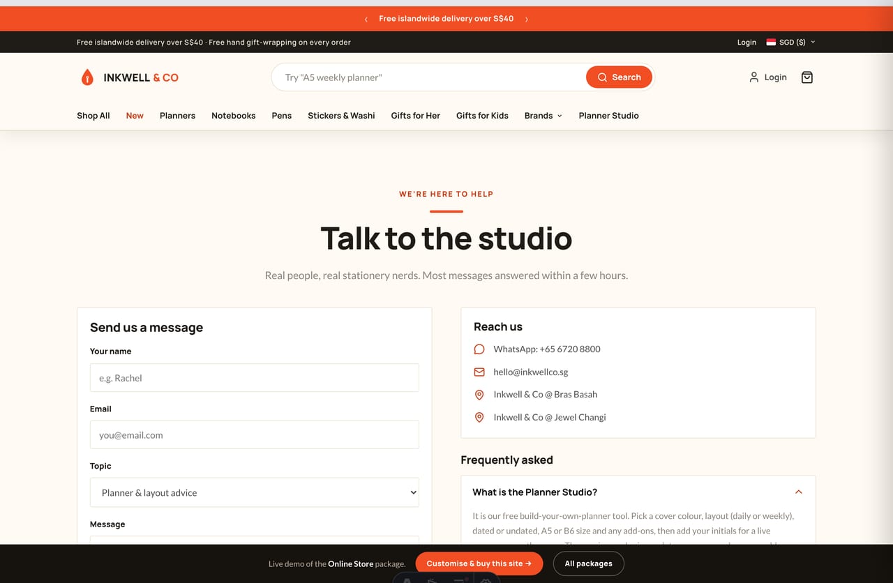 Contact, store-location and WhatsApp page on the Inkwell & Co stationery store demo