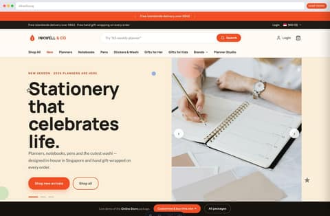 Inkwell & Co stationery store homepage demo — bold hero, designed-in-Singapore badge and free-islandwide-delivery promise