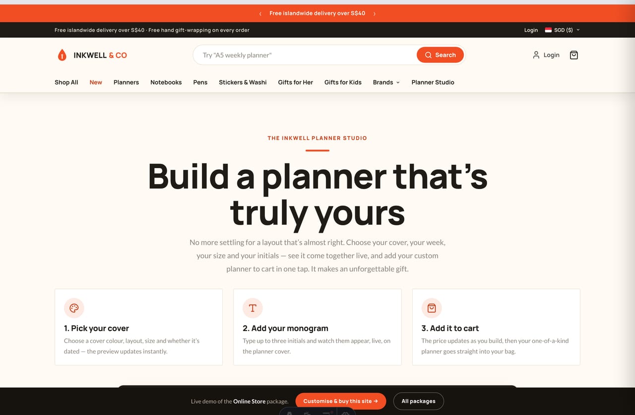 Interactive Planner Studio build-your-own-planner configurator with a live cover preview on the Inkwell & Co Singapore stationery store