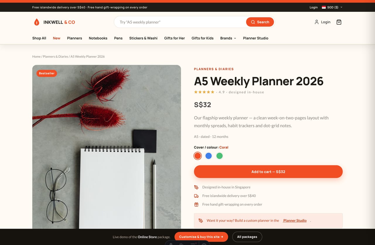 Stationery product detail page with image, paper meta, cover-colour swatches and add-to-cart
