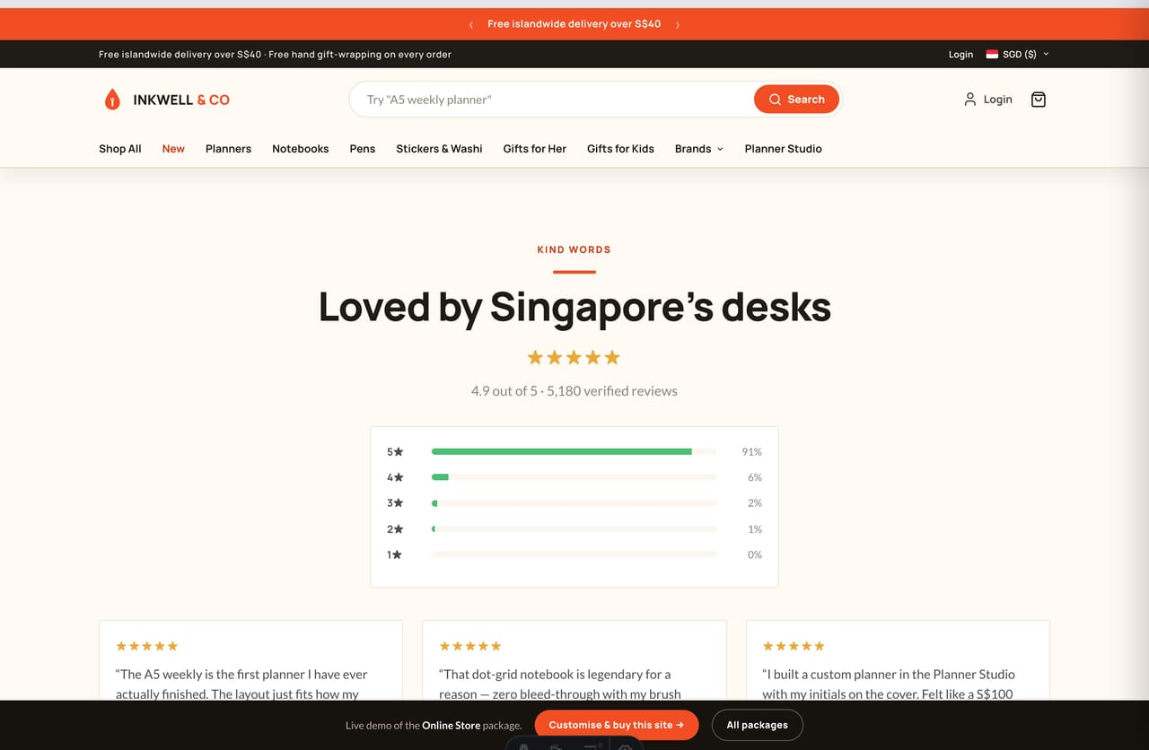 Singapore customer reviews and star ratings on the Inkwell & Co stationery brand website