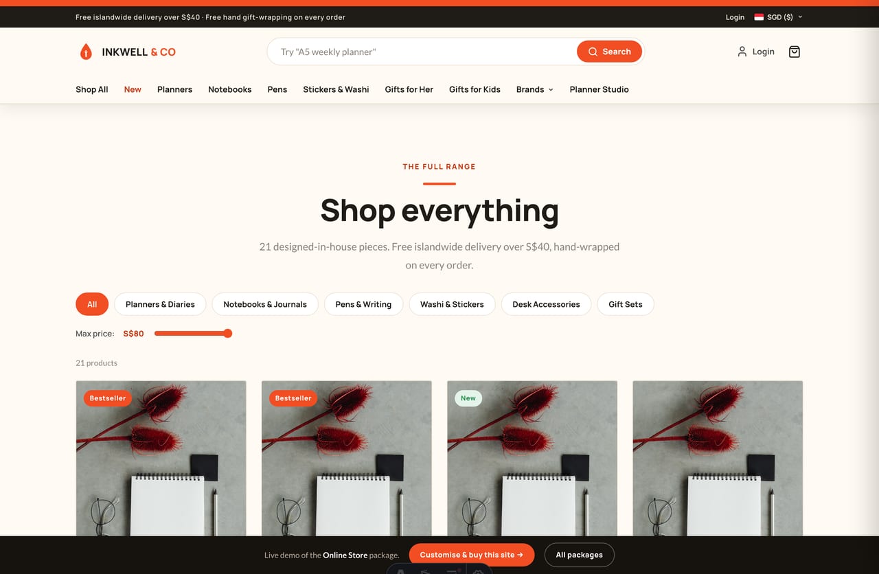 Stationery shop page with filterable product grid, quick-add and SGD pricing