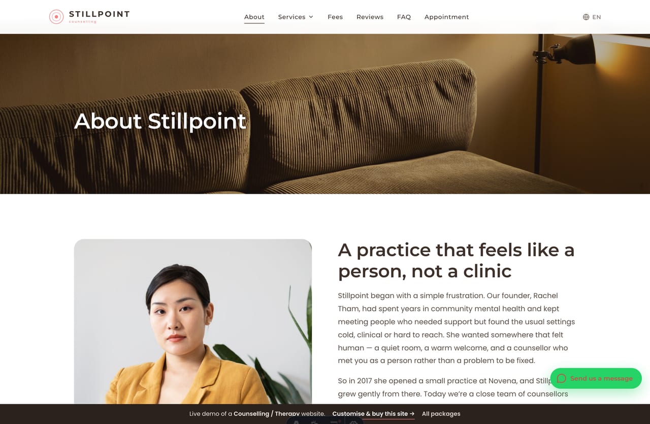 The About page for a Singapore counselling practice — the story, the team of counsellors, the approaches they use and the rooms