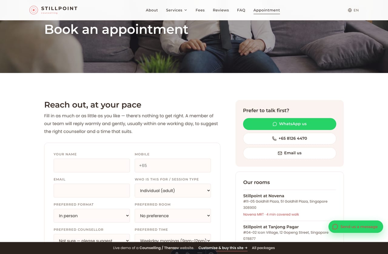 Book & contact page on the Stillpoint demo — a PDPA-aware, confidentiality-minded enquiry form with service, format and counsellor selection, no cart