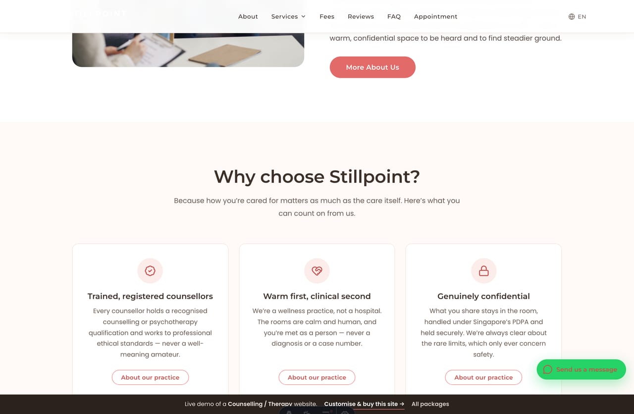 The counsellors team section on the Stillpoint homepage — round portrait cards with each counsellor’s seniority and the ages they work with