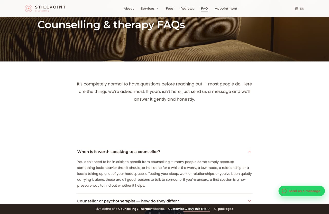 FAQ page on the Stillpoint demo — an accordion of common questions about confidentiality, fees, online sessions and the first appointment