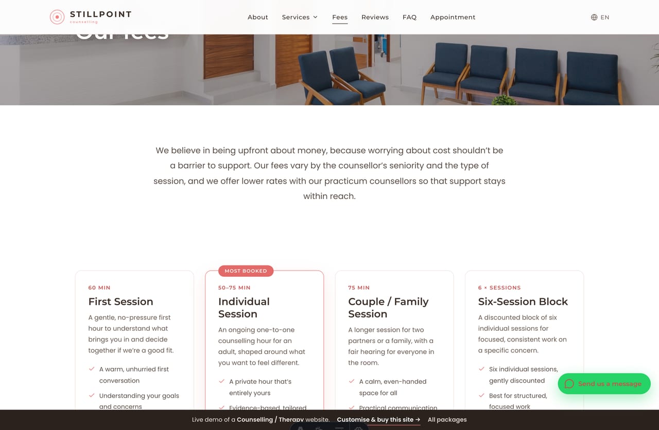 Fees page on the Stillpoint demo — session cards plus a full fee table by counsellor tier including lower practicum-counsellor rates