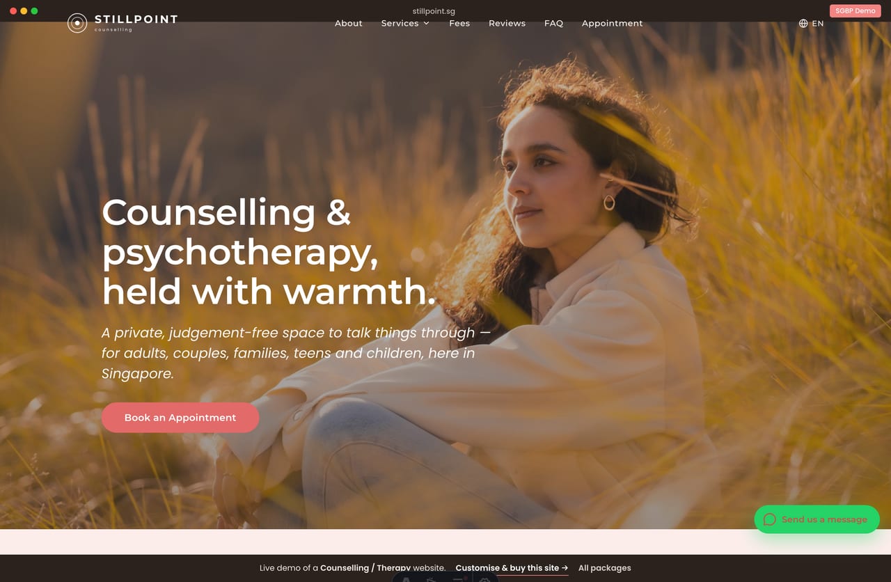 Stillpoint counselling website homepage demo for Singapore — a full-bleed warm hero, a calm coral & blush layout with services, counsellors and a contact strip