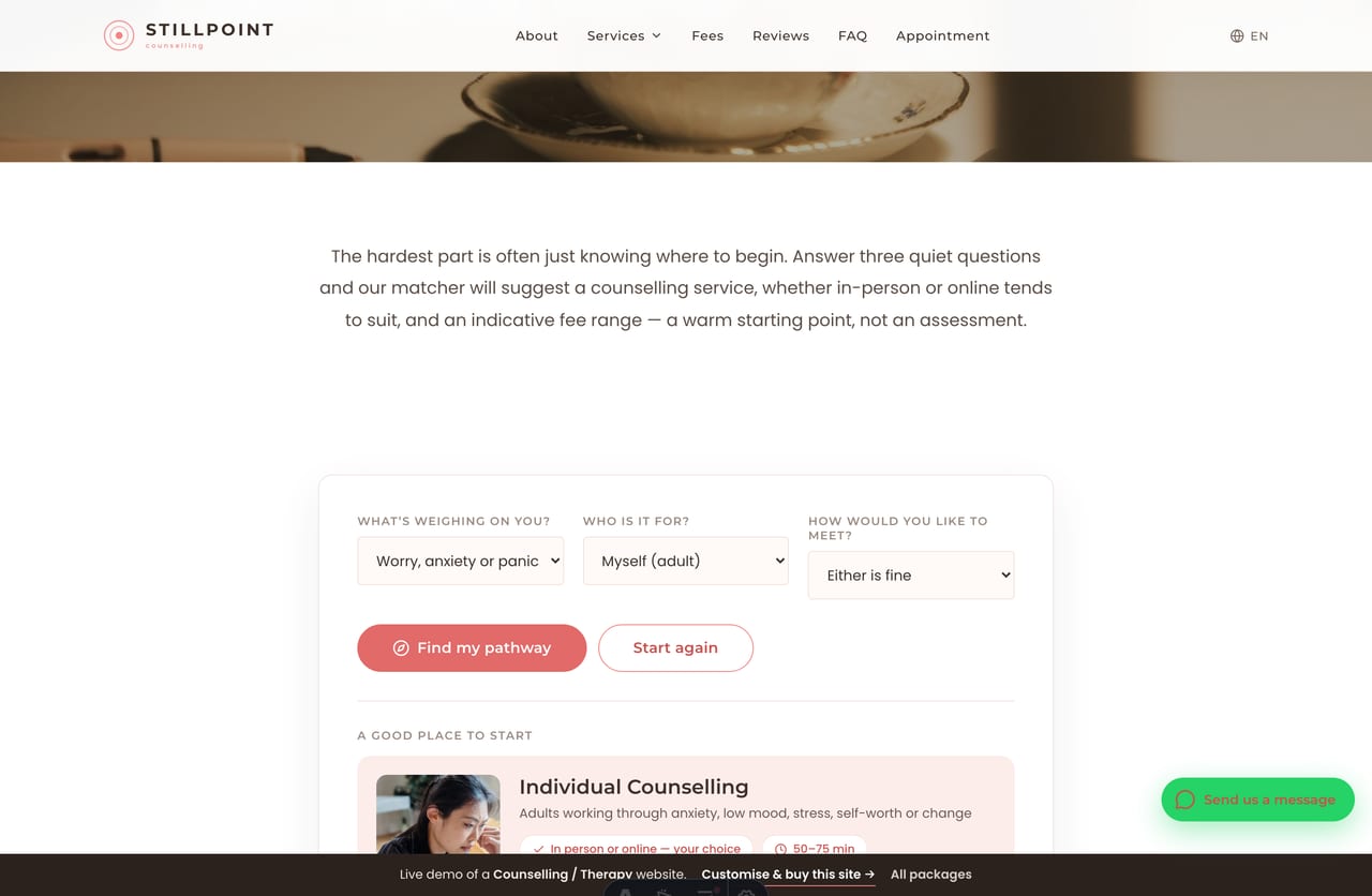 Support Pathway Matcher results on a Singapore counselling site — a matched service, a recommended session format and an indicative fee range with a book CTA