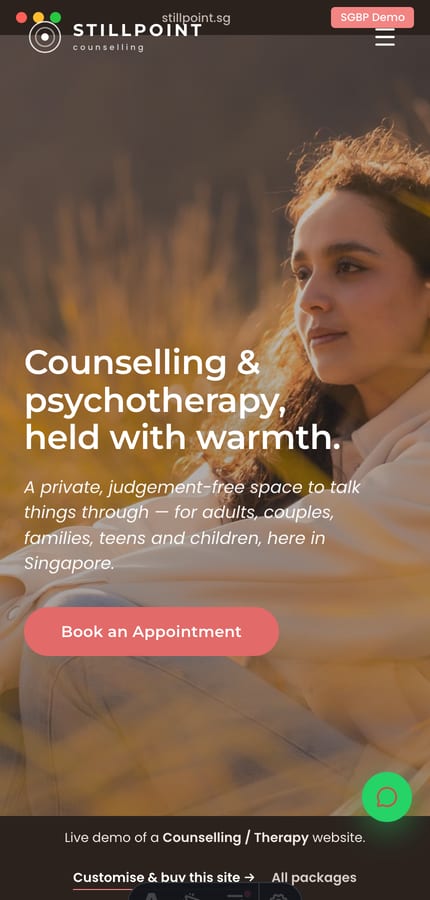 The Stillpoint counselling website on mobile — full-bleed warm hero and a soft WhatsApp contact pill at 430px