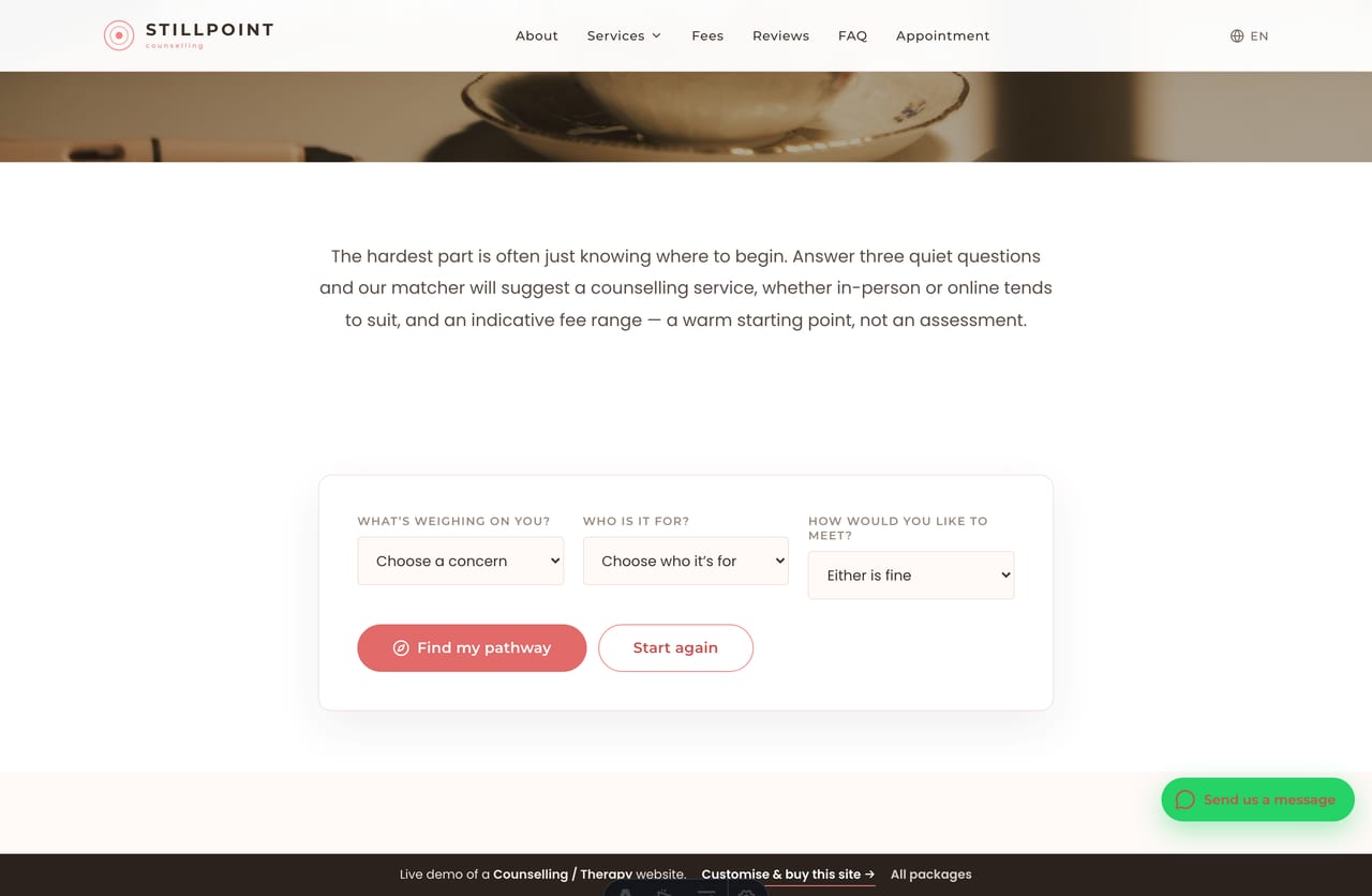 The interactive Support Pathway Matcher tool on the Stillpoint demo — pick a concern, who it’s for and a format for a matched counselling service, format and fee range