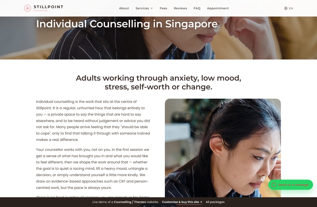 A counselling service detail page on the Stillpoint demo — full-bleed banner, who it helps, how sessions run, fees and a book CTA