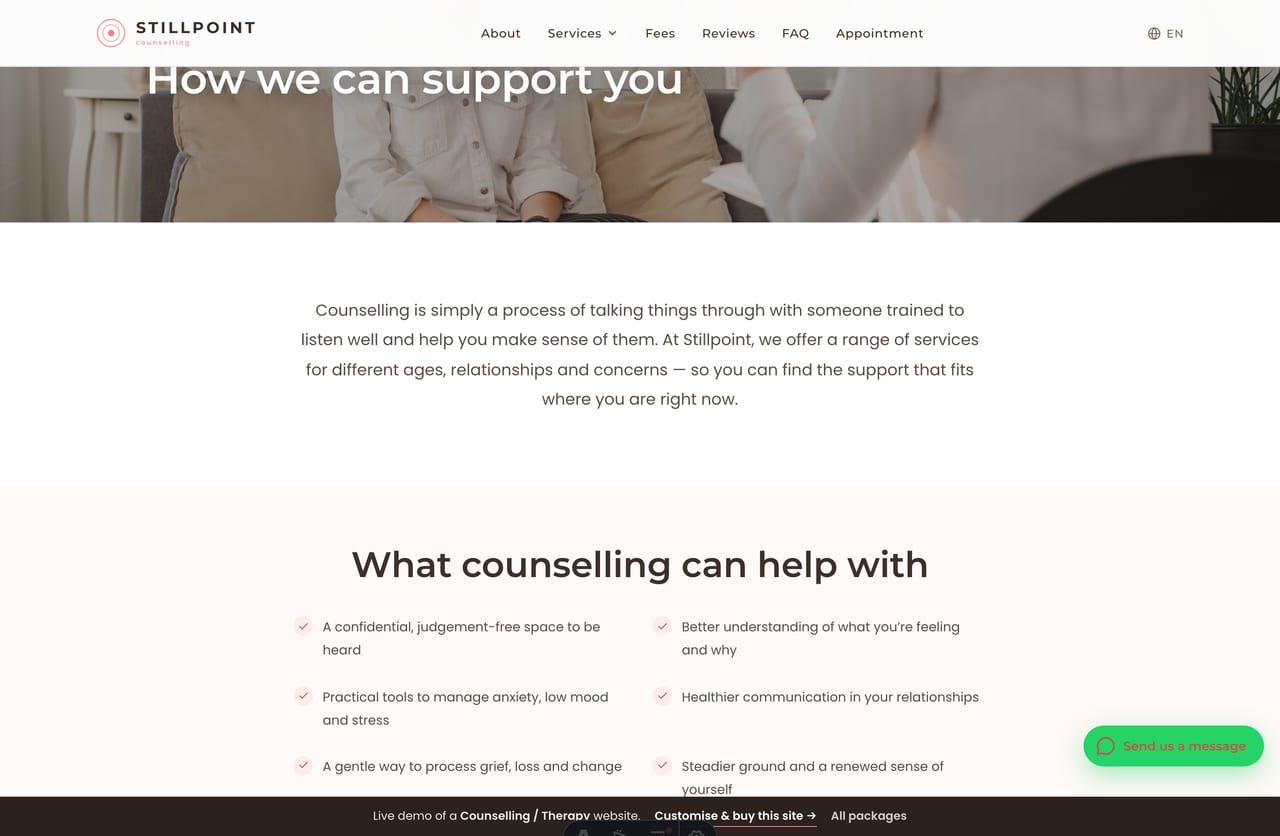 Counselling services page on the Stillpoint demo — individual, couples, family, child, teen, anxiety, grief and online counselling grouped by who they are for