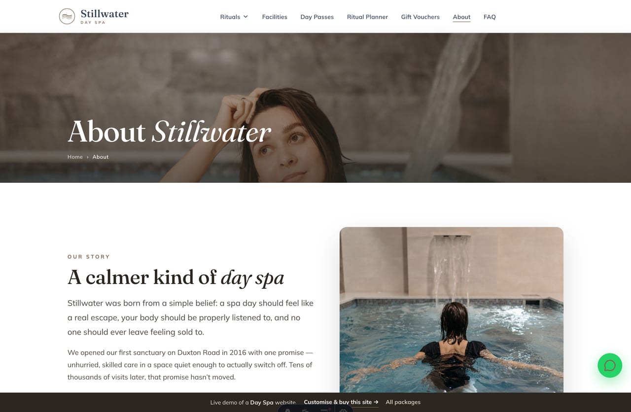 The About / story page for a Singapore day spa — founder, the team of therapists and the values the spa stands by