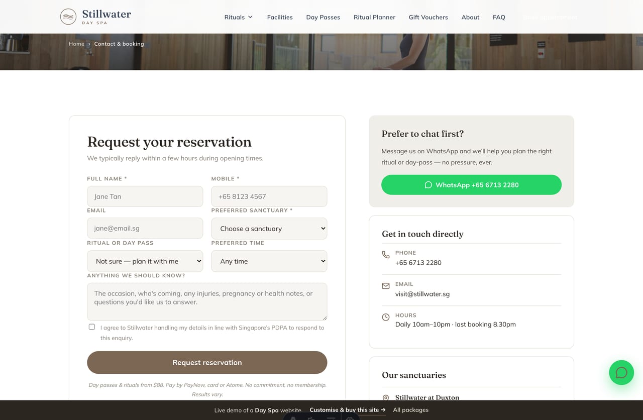 Booking & contact page on the Stillwater demo — a PDPA-aware reservation form with ritual & sanctuary selection, no cart