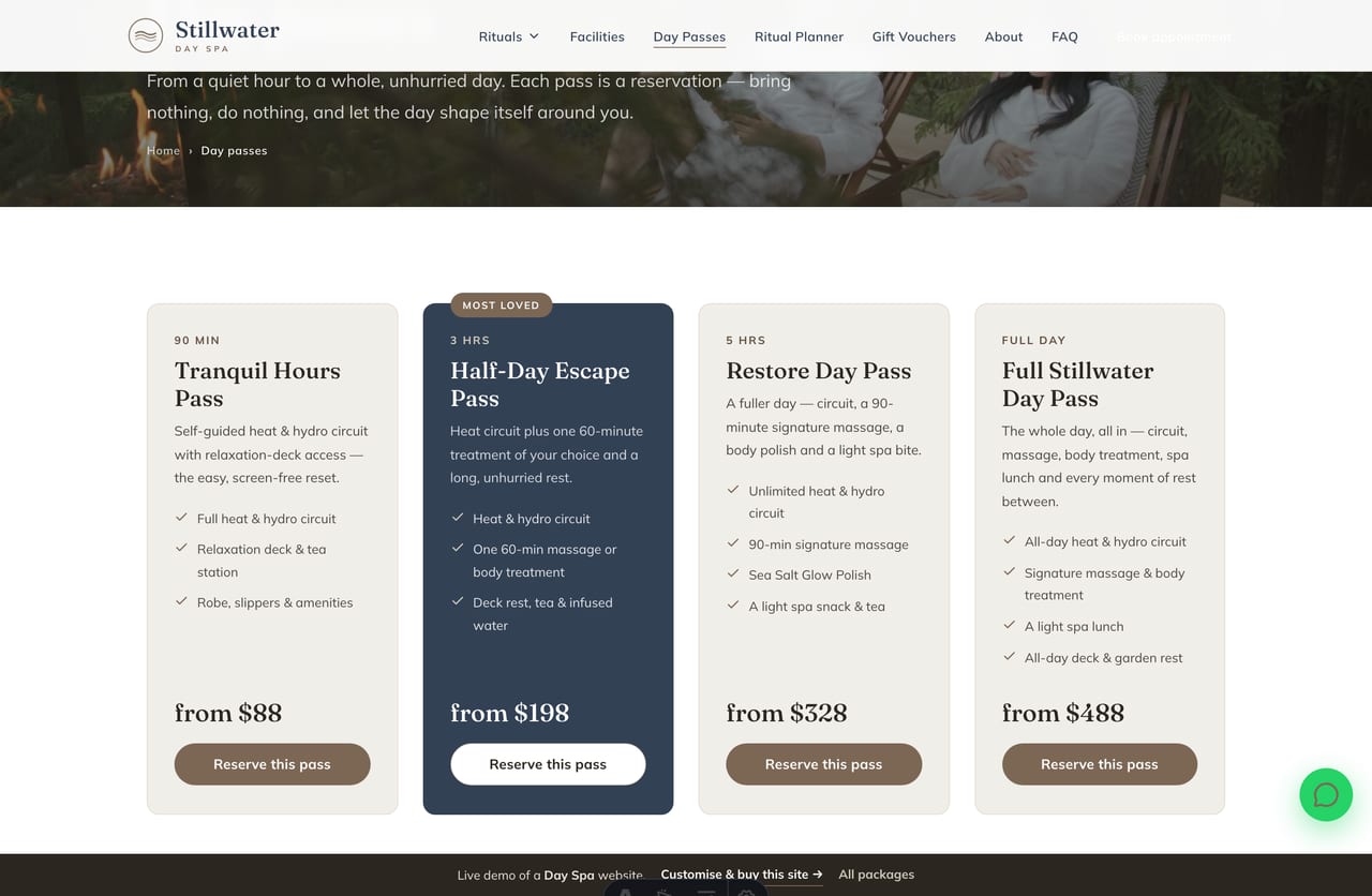 Day passes page on the Stillwater demo — tranquil hours, half-day escape, restore and full-day passes as premium reservation cards, no cart