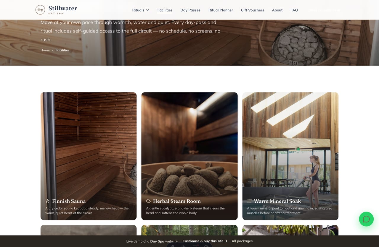 Facilities page on the Stillwater demo — Finnish sauna, herbal steam, warm mineral soak, cool plunge, relaxation deck and garden courtyard