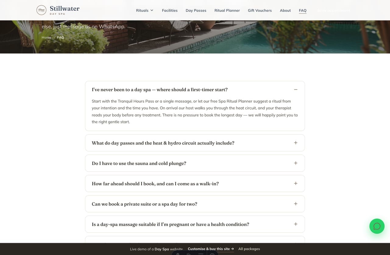 FAQ page on the Stillwater demo — an accordion of common questions about first visits, day passes, the heat circuit and bookings