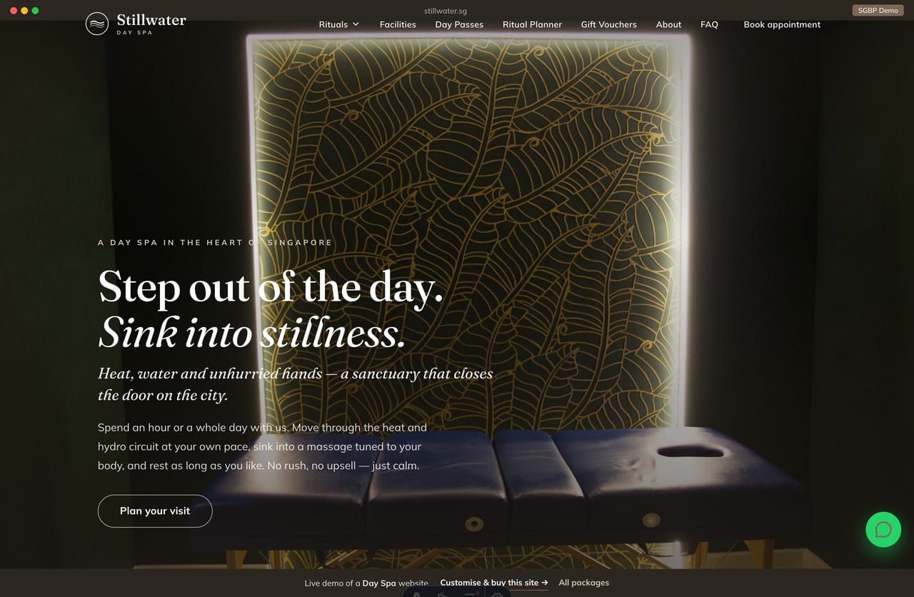 Stillwater day spa Singapore website homepage demo — a full-bleed dark spa-interior hero, a calm warm-grey & mocha sanctuary layout with rituals and day passes
