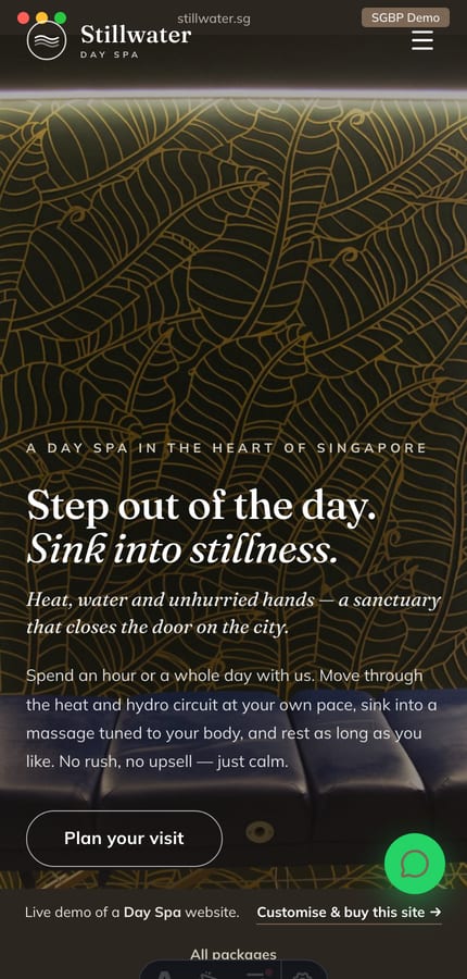 The Stillwater day-spa website on mobile — full-bleed sanctuary hero and a sticky Book appointment CTA at 430px