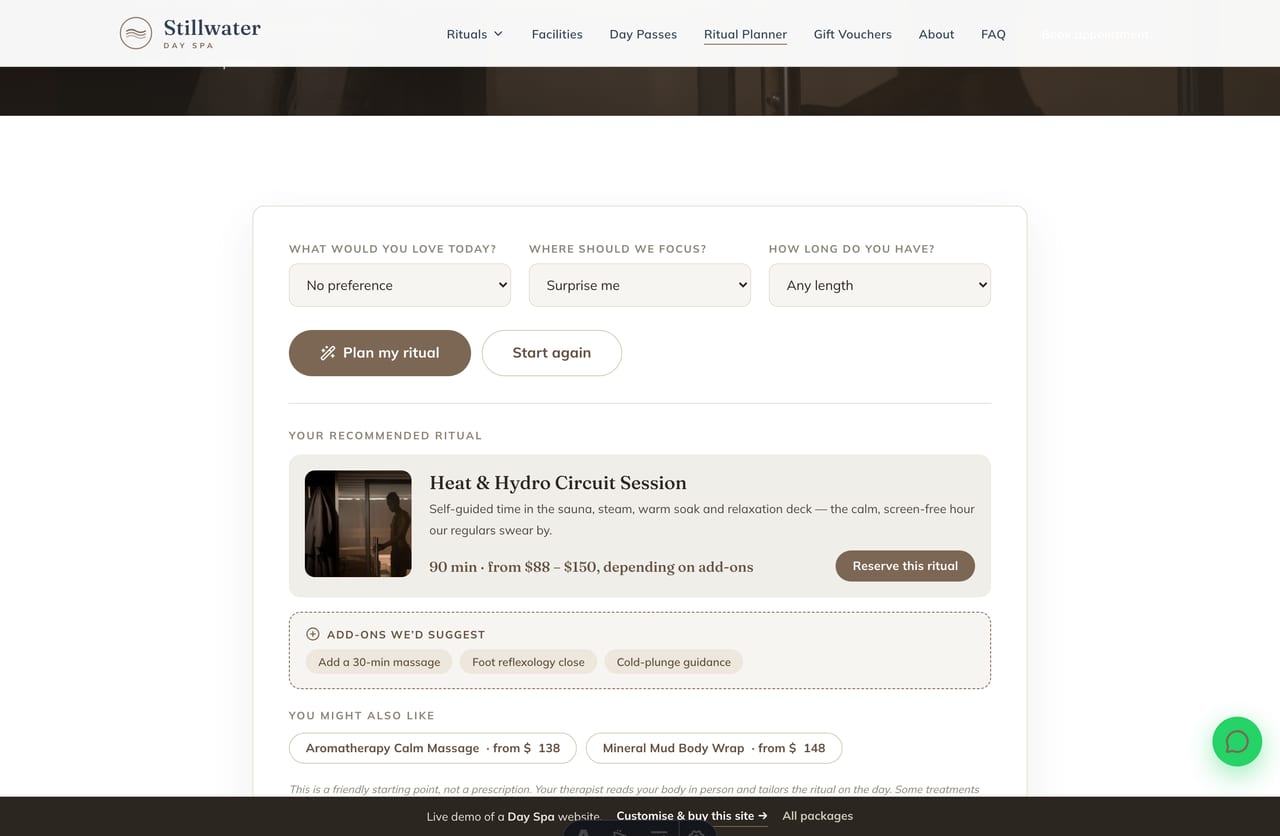 Spa Ritual Planner results on a Singapore day-spa site — a recommended ritual, suggested add-ons and a price range with a reserve CTA