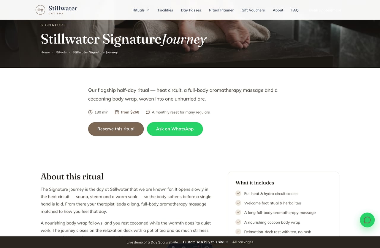 A ritual detail page on the Stillwater demo — hero image, duration, from-price, what it includes, add-ons and a reserve CTA