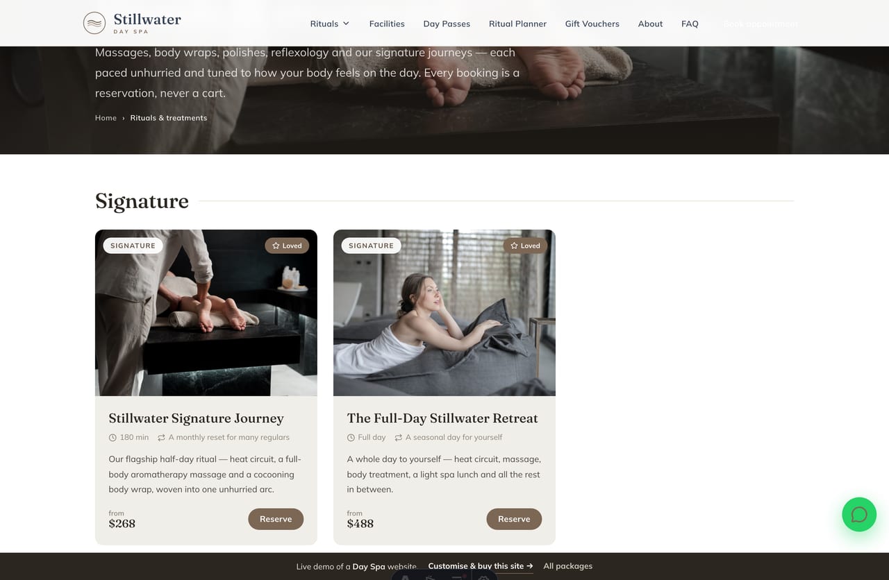 Rituals menu page on the Stillwater demo — signature journeys, massages, body treatments, heat & hydro and reflexology grouped by category